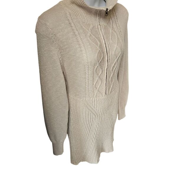 Free People XL Zip Front Cable Knit Sweater Mini Dress Beige Boho Cozy Chic - Picture 5 of 15